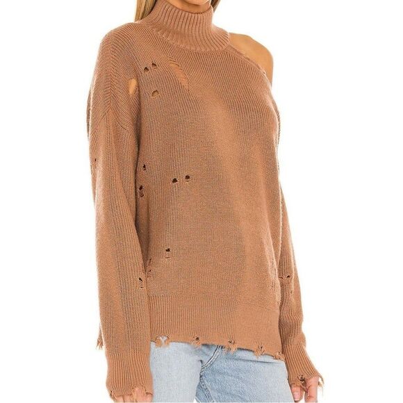 Revolve Lovers + Friends Camel Arlington One Shoulder Distressed Sweater Medium - Picture 2 of 13
